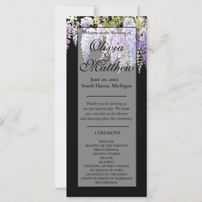 Elegant purple wisteria floral wedding program (Front)