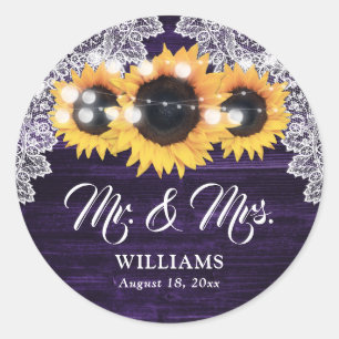 Elegant Purple Wood Lace Sunflower Wedding Classic Round Sticker