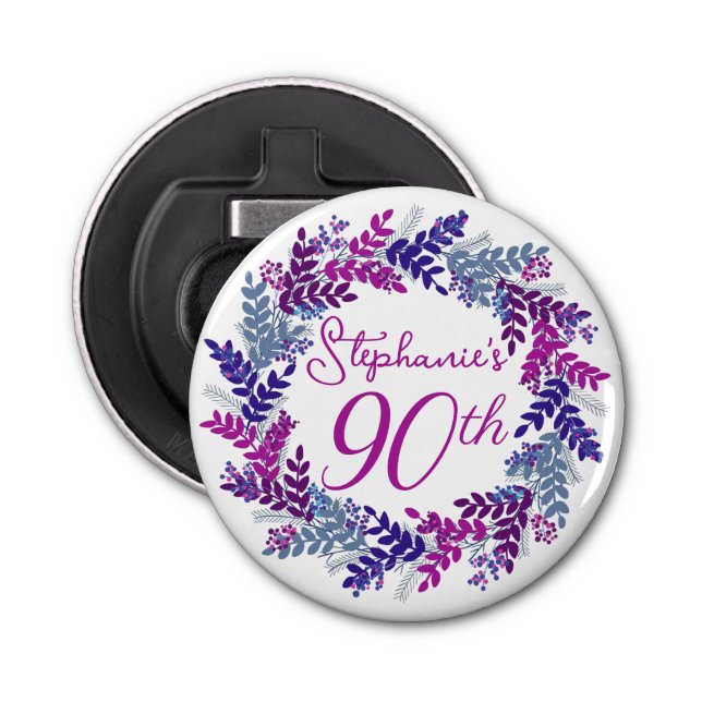 Elegant Purple Wreath Monogram 90th Birthday Party Bottle Opener (Front)