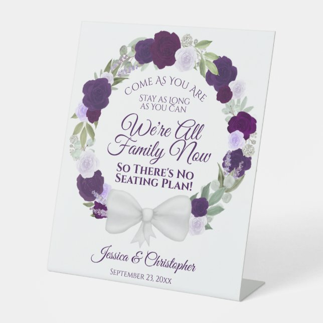Elegant Purple Wreath Roses Open Seating Wedding Pedestal Sign (Front)