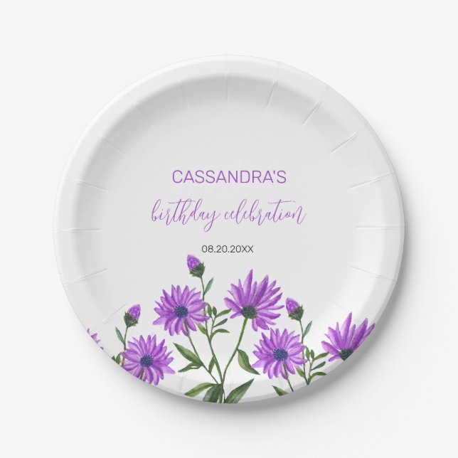 Elegant Purple Xeranthemum Floral Birthday Party Paper Plate (Front)