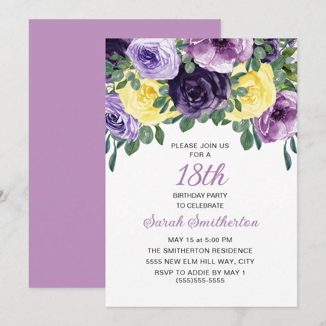 Elegant Purple Yellow Floral 18th Birthday Invitation (Front/Back)