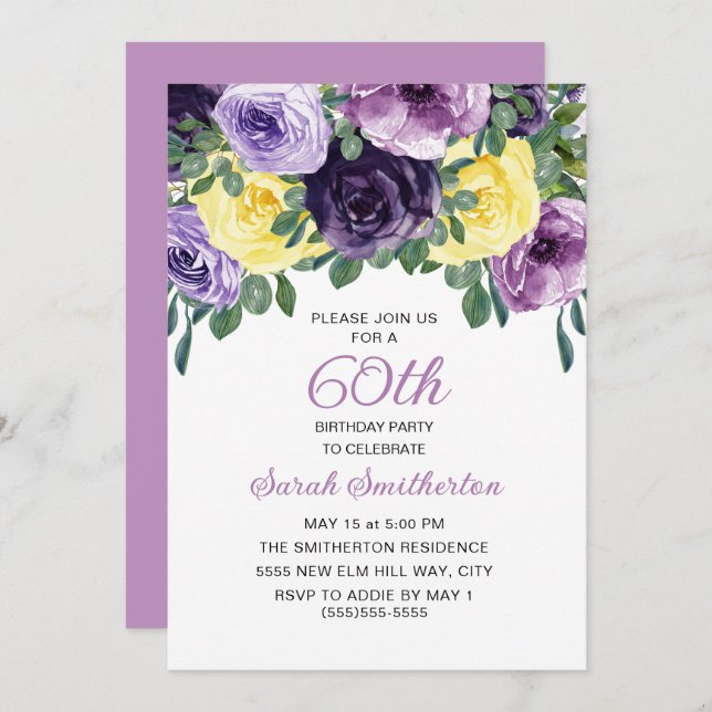 Elegant Purple Yellow Floral 60th Birthday  Invitation (Front/Back)