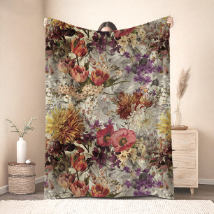 Elegant purple yellow floral grey monogrammed fleece blanket