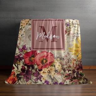 Elegant purple yellow floral grey monogrammed fleece blanket