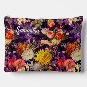 Elegant purple yellow floral pattern accessory pouch