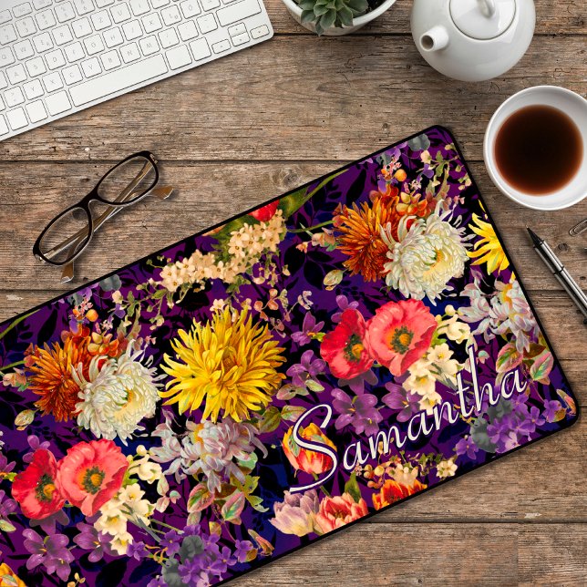 Elegant purple yellow floral pattern  desk mat (Creator Uploaded)