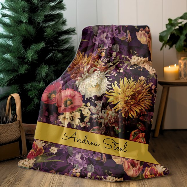 Elegant purple yellow floral pattern fleece blanket (Creator Uploaded)