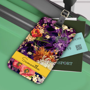 Elegant purple yellow floral pattern luggage tag