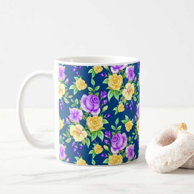Elegant Purple Yellow Rose Floral Pattern Coffee Mug (With Donut)