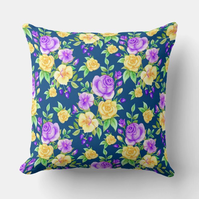 Elegant Purple Yellow Rose Floral Pattern Cushion (Front)