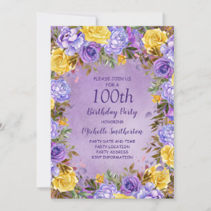 Elegant Purple Yellow Roses Peonies 100th Birthday Invitation