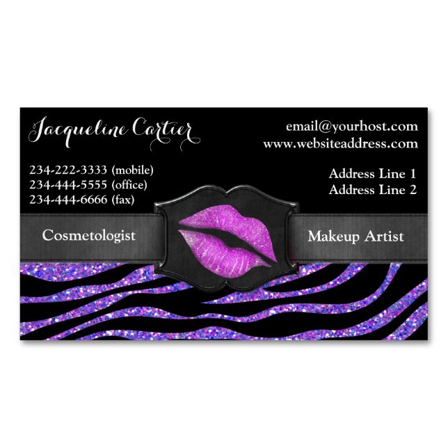 Elegant Purple Zebra Glitter Kiss Cosmetologist Magnetic Business Card (Front)