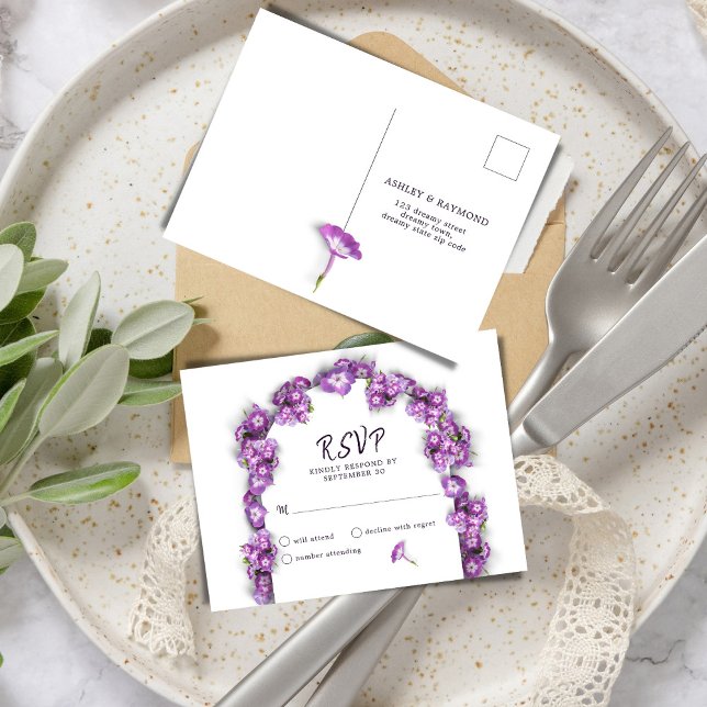 Elegant PurpleLilacWhite Arch Florals No Menu RSVP (Creator Uploaded)