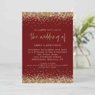 Elegant QR Burgundy Gold Glitter Wedding Invitation