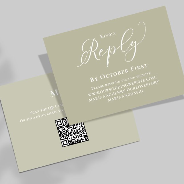 Elegant QR Code Calligraphy RSVP Sage Green Enclosure Card (Wedding reply card with a sage green background and QR code template. )