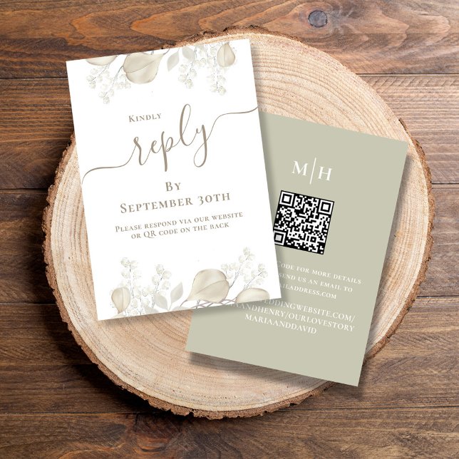 Elegant QR Code Calligraphy RSVP Sage Greenery Enclosure Card (Simple Wedding reply card with a sage green background and QR code template.)