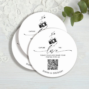 Elegant QR Code Capture the Love Photo Sharing  Round Paper Coaster