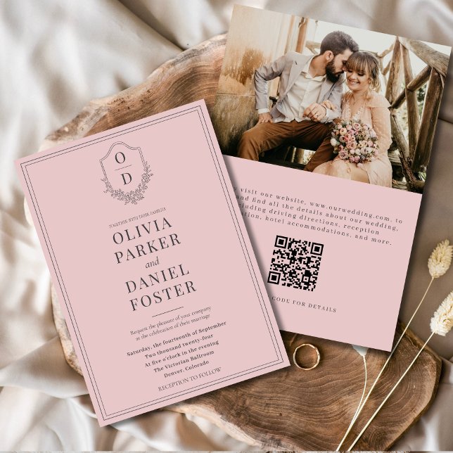 Elegant QR Code Crest Blush Pink Photo Wedding Invitation (Creator Uploaded)