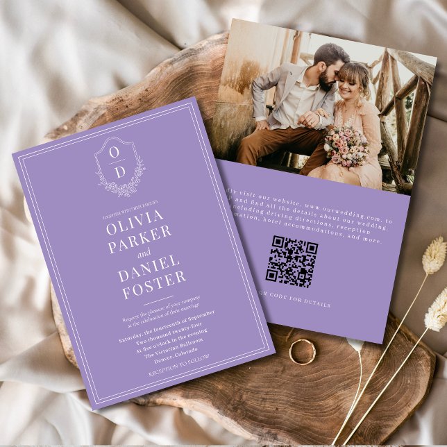 Elegant QR Code Crest Lilac Purple Photo Wedding Invitation (Creator Uploaded)