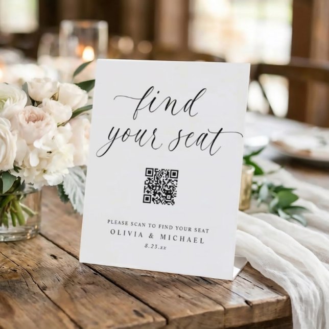 Elegant QR Code Digital Seating Chart Wedding Pedestal Sign (Elegant simple wedding seating chart sign with trendy script and QR code - Find Your Seat)