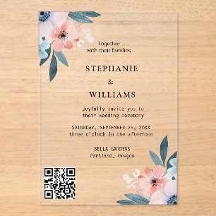 Elegant Qr Code    Dusty Blue Floral Wedding Acrylic Invitations