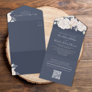 Elegant QR Code Floral RSVP Online Blush Roses All In One Invitation