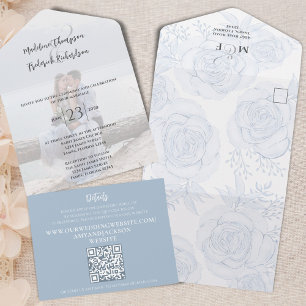 Elegant QR Code Floral RSVP Online Dusty Blue All In One Invitation