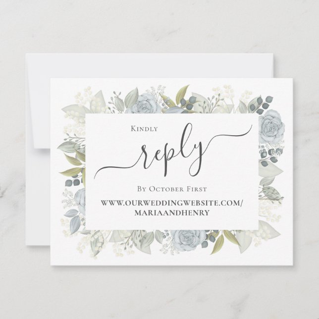 Elegant QR Code Floral RSVP Online Dusty Blue Card (Front)