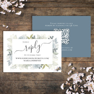 Elegant QR Code Floral RSVP Online Dusty Blue Card