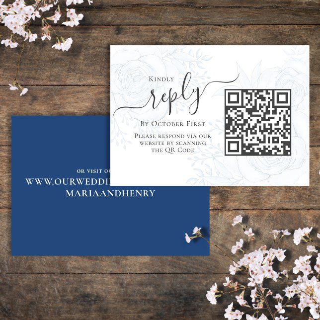 Elegant QR Code Floral RSVP Online Simple Blue Enclosure Card (Elegant blue floral design RSVP online enclosure card with elegant blue background. )