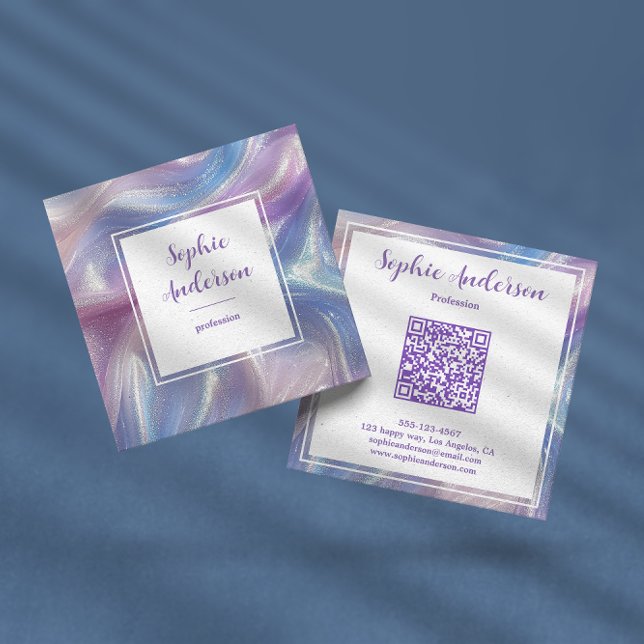 Elegant Qr Code Iridescent Glitter Swirl  Square Business Card (Creator Uploaded)