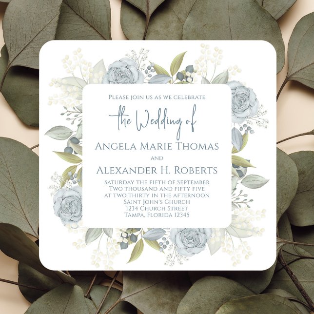Elegant QR Code Online RSVP Watercolor Blue Roses Invitation (Elegant Watercolor Blue Floral Wedding Invitation with QR Code on the back)