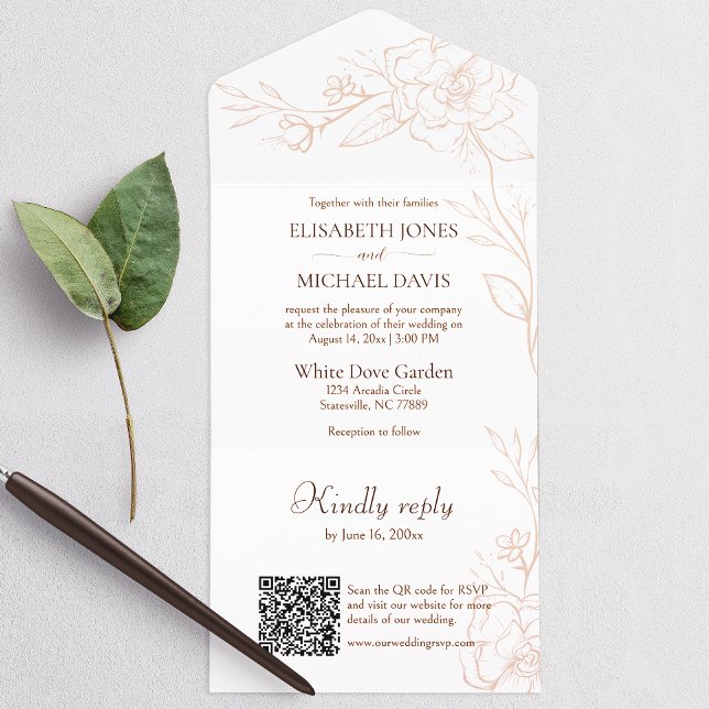 Elegant QR Code Peach Wedding All In One Invitation (All-in-one wedding invitation with QR code to RSVP - Simplify and save time for you and your guests.)