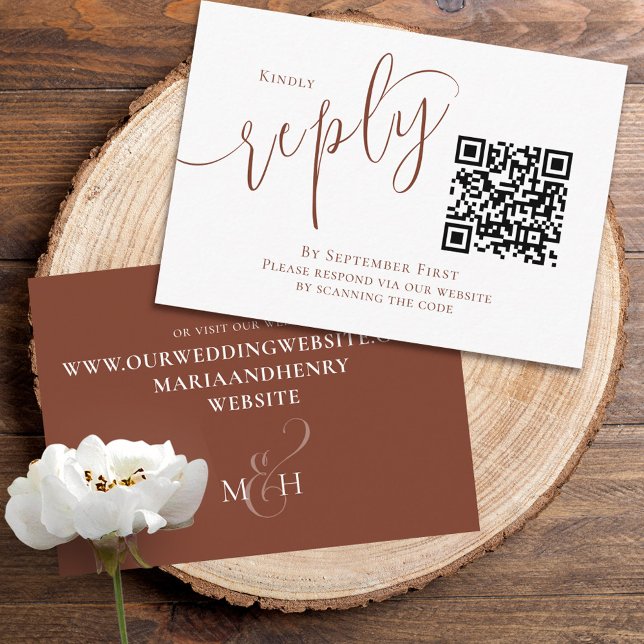 Elegant QR Code RSVP Online Calligraphy Terracotta Enclosure Card (Creator Uploaded)