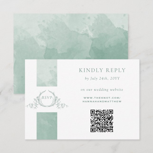 Elegant QR Code RSVP Pale Green Monogram Wedding Card (Front/Back)