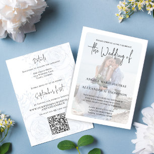 Elegant QR Code RSVP Photo Blue Floral Simple Invitation