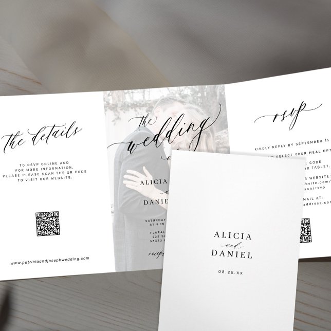 Elegant QR code RSVP photo white wedding Tri-Fold Invitation (Creator Uploaded)