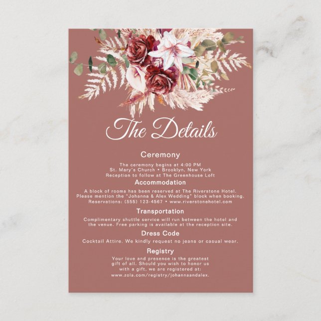 Elegant QR Code Wedding Info Card | Dusty Rosewood (Front)