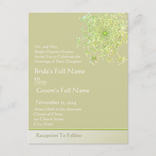 Elegant Queen Anne's Lace Wedding Invitation Postcard (Front)