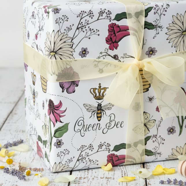 Elegant Queen Bee and Flowers Drawing in Black Ink Wrapping Paper (Trendy Floral Bridal Shower Wrapping Paper. Rustic Pink Botanical Flowers Pattern for Her.)