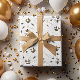 Elegant Queen Bee Gold Crown White Wrapping Paper