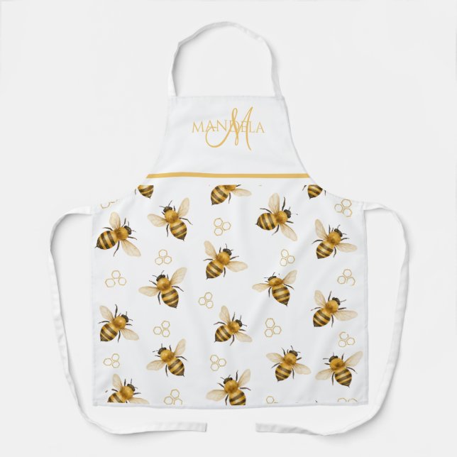 Elegant Queen Bee Monogram Cream Gold Apron (Front)