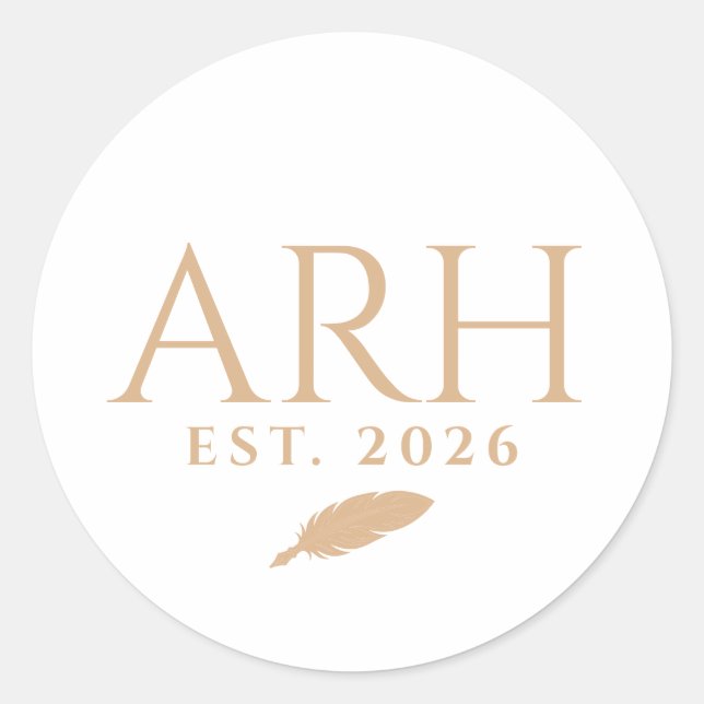 Elegant Quill Three Letter Monogram Est. Date Classic Round Sticker (Front)