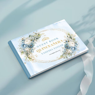 Elegant Quince Guest Book Boho Blue Gold Botanical