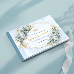 Elegant Quince Guest Book Boho Blue Gold Botanical