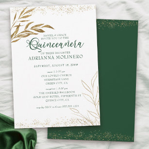 Elegant Quinceanera and Mass Green and Gold Leaf Invitation