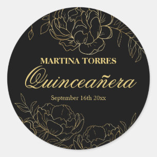 Elegant Quinceanera Black and Gold Floral Sticker