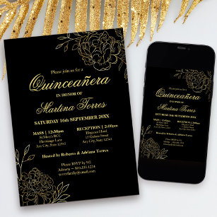 Elegant Quinceanera Black and Gold Sketch Floral Invitation