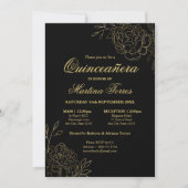 Elegant Quinceanera Black and Gold Sketch Floral Invitation (Front)